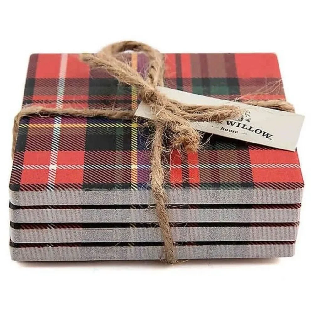 Bee & Willow Tartan Plaid Beverage Coasters Red Set of 4 Cork Bottom Christmas